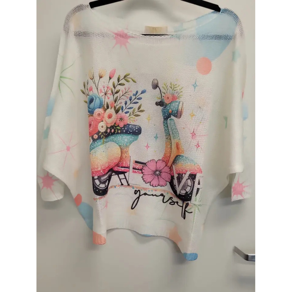 L138 3Q Loowie White Scooter Floral Round Neck Knit Printed Sweater One Size